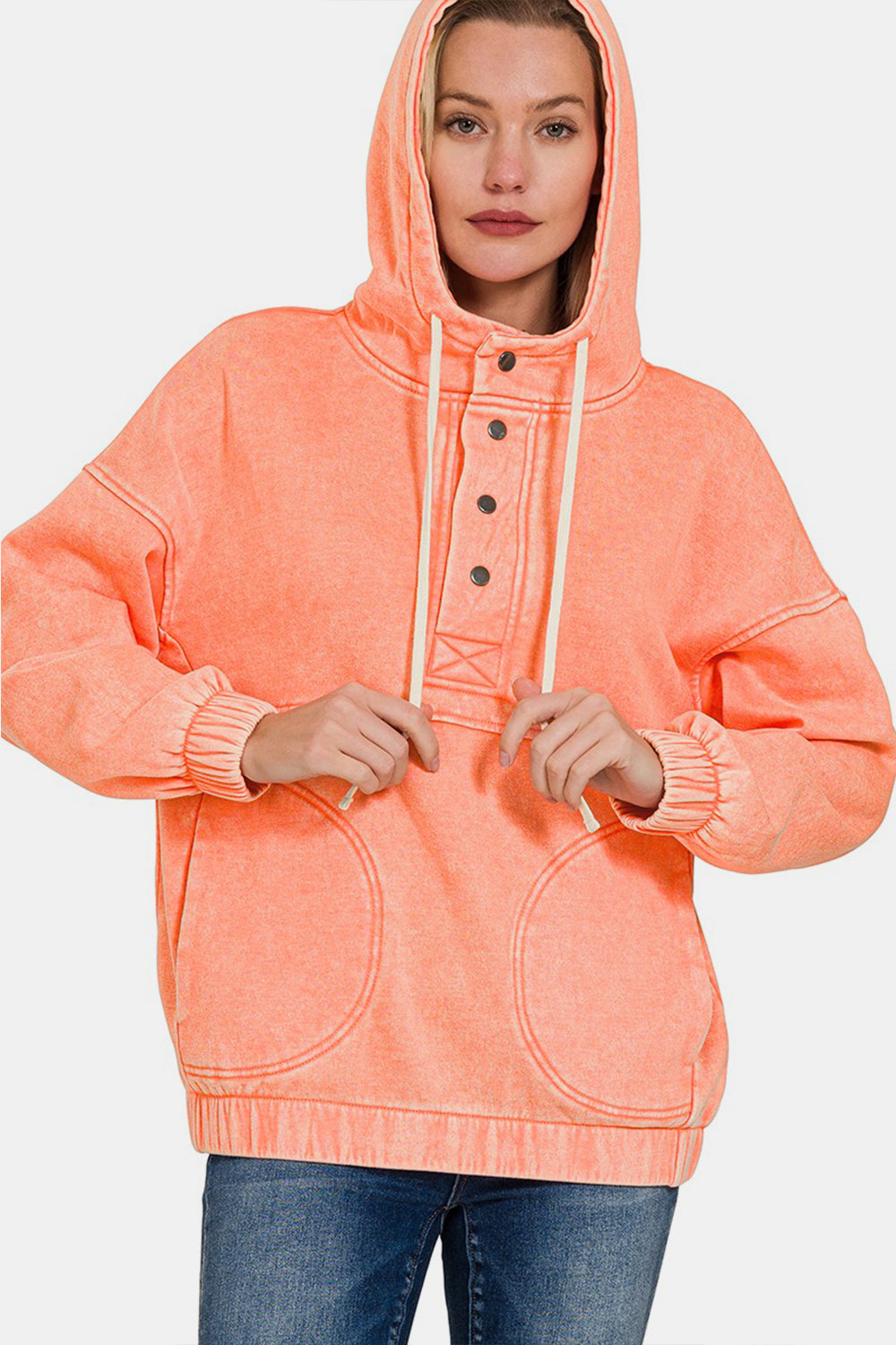 Zenana Washed Half Snap Drawstring Hoodie in Coral