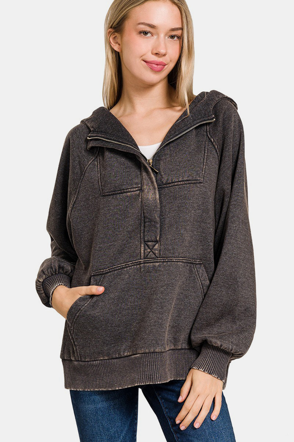 Zenana Acid Wash Half Zip Fleece Kanga Pocket Hoodie Sweatshirt in Ash Black