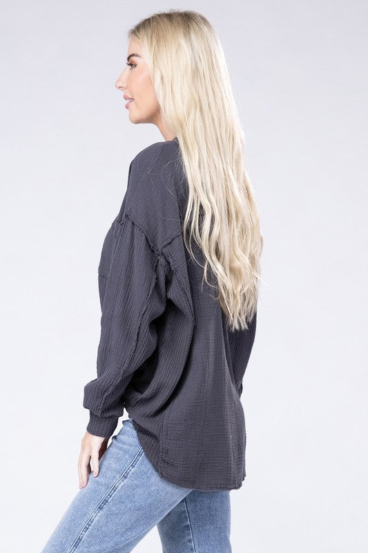 Zenana Double Cotton Gauze Oversized Raw Hem Henley Shirt in 8 Colors