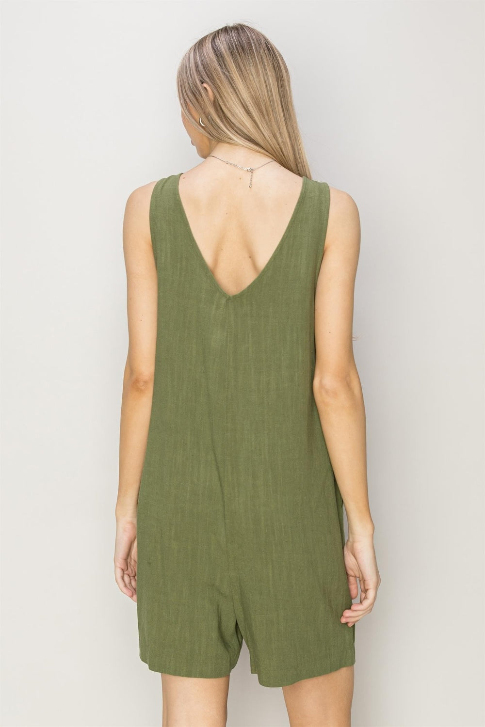 HYFVE Linen Blend Sleeveless V-Neck Romper with Pockets in Moss