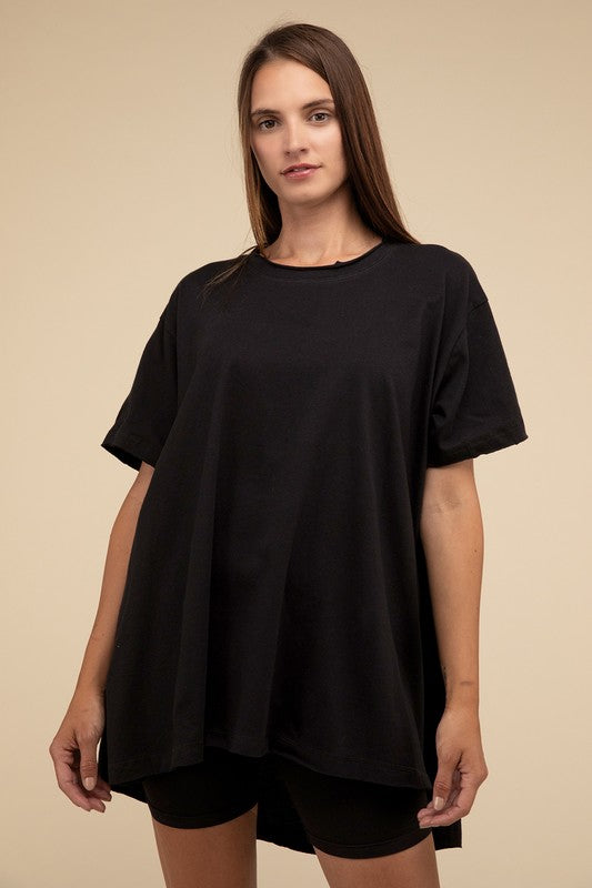 Zenana Oversized Cotton Raw Hem Tunic T-Shirt in Black or White