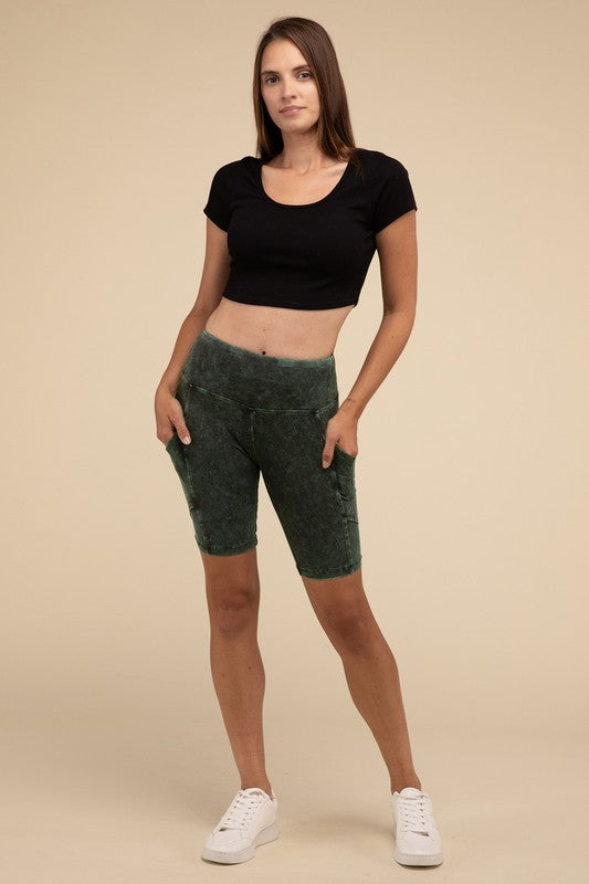 Zenana Mineral Wash Short Leggings with Pockets in 9 Colors