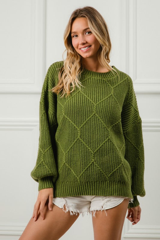 BiBi Diamond Texture Ribbed Long Sleeve Round Neck Sweater in Moss Green NWT