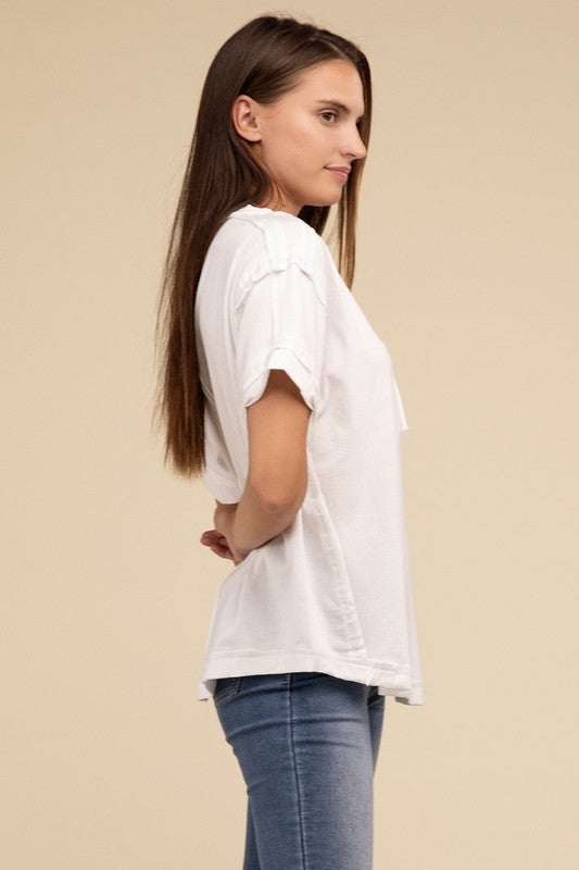 Zenana Cotton Raw Edge Short Sleeve Henley T-Shirt in 4 Colors