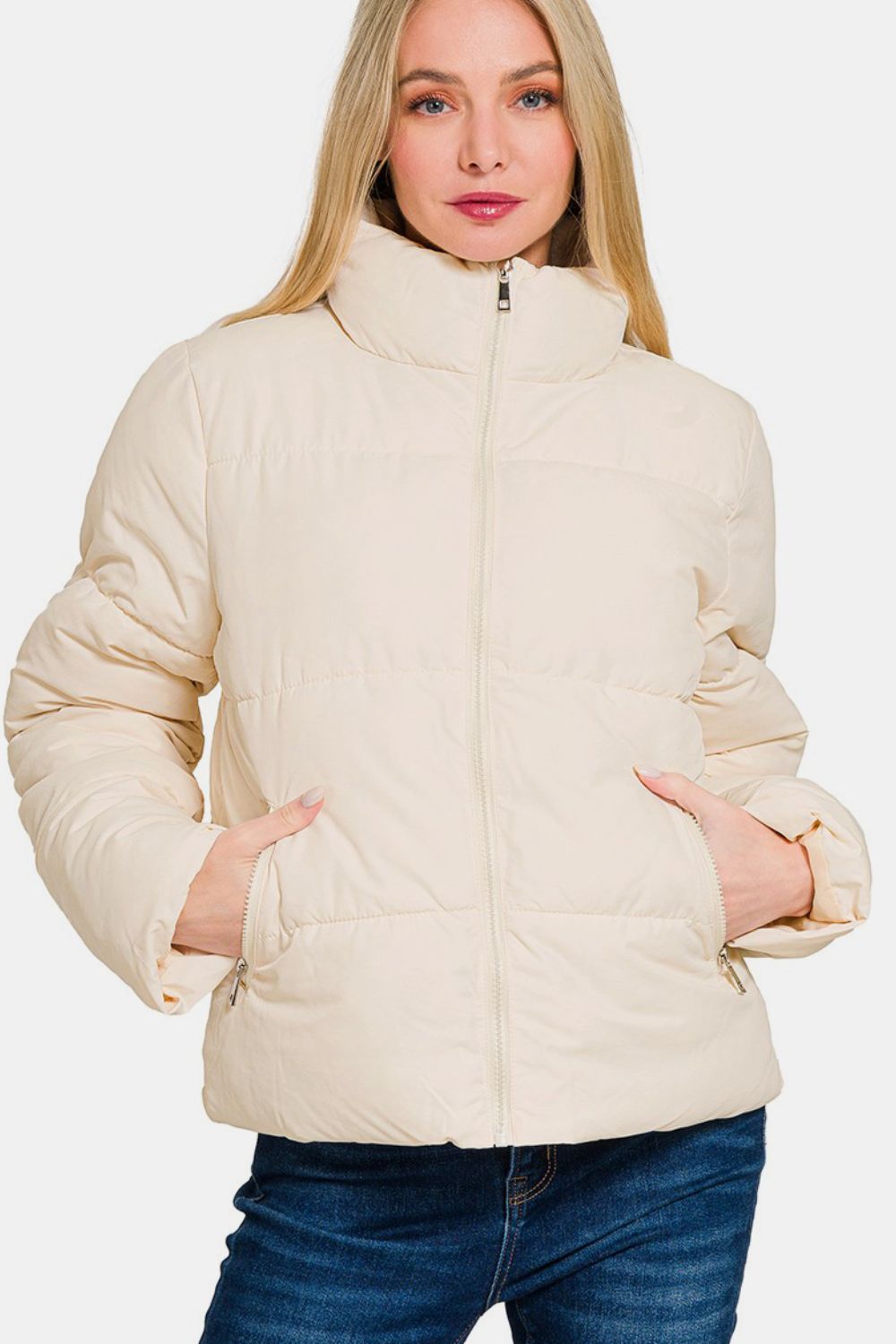 Zenana Stand Collar Zipper Front Quilted Puffer Jacket with Pockets in Cream NWT