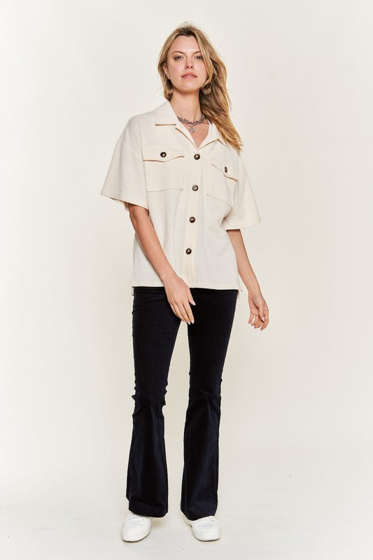 Jade By Jane Smiley Face on Back Button-Down Short Sleeve Shirt in 3 Colors