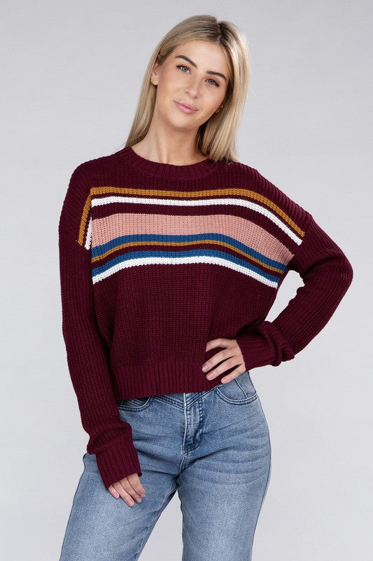 Ambiance Apparel Stripe Front Drop Shoulder Cropped Sweater in 3 Colors