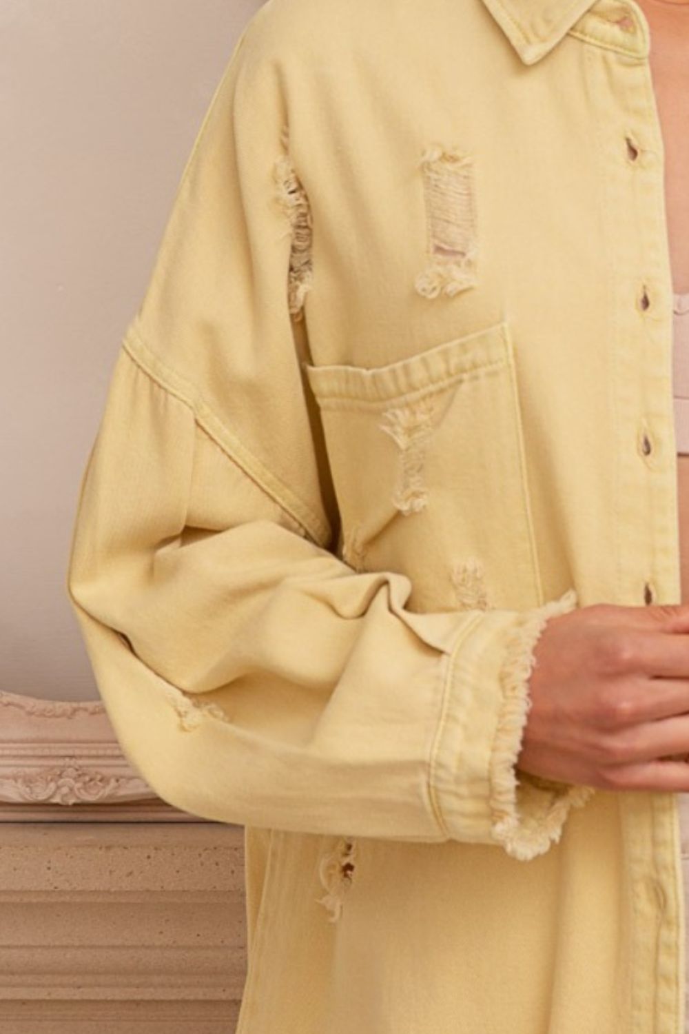 POL Button Down Raw Hem Distressed Shirt Jacket in Lemonade