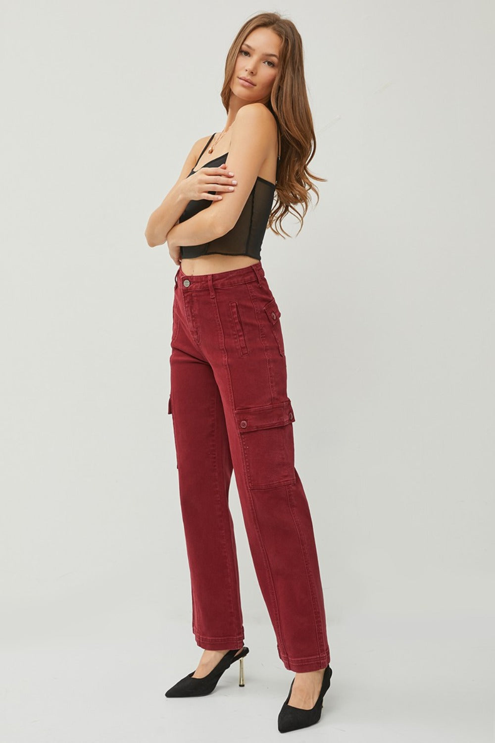 RISEN Full Size High Rise Wide Leg Cargo Jeans in Wine Red