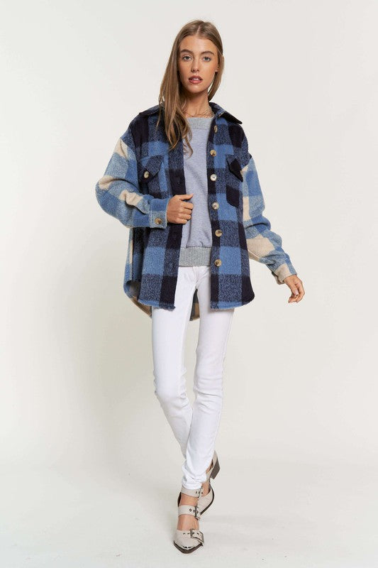 Davi & Dani Contrast Plaid Chest Pocket Button Front Jacket