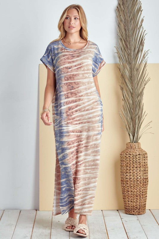 JADE BY JANE TIE-DYE SHORT SLEEVE SIDE SLIT MAXI DRESS