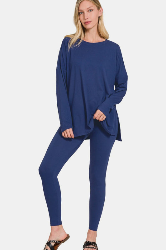 Zenana Long Sleeve Tunic T-Shirt Top and Leggings Lounge Set in Light Navy Blue NWT