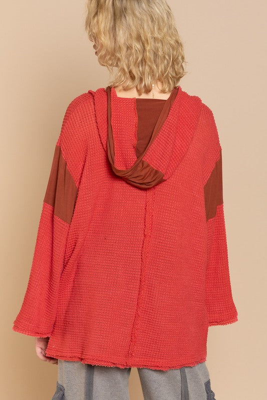 POL Oversized Hoodie Bell Sleeve Waffle-Knit Henley Tunic Top in Red or Black