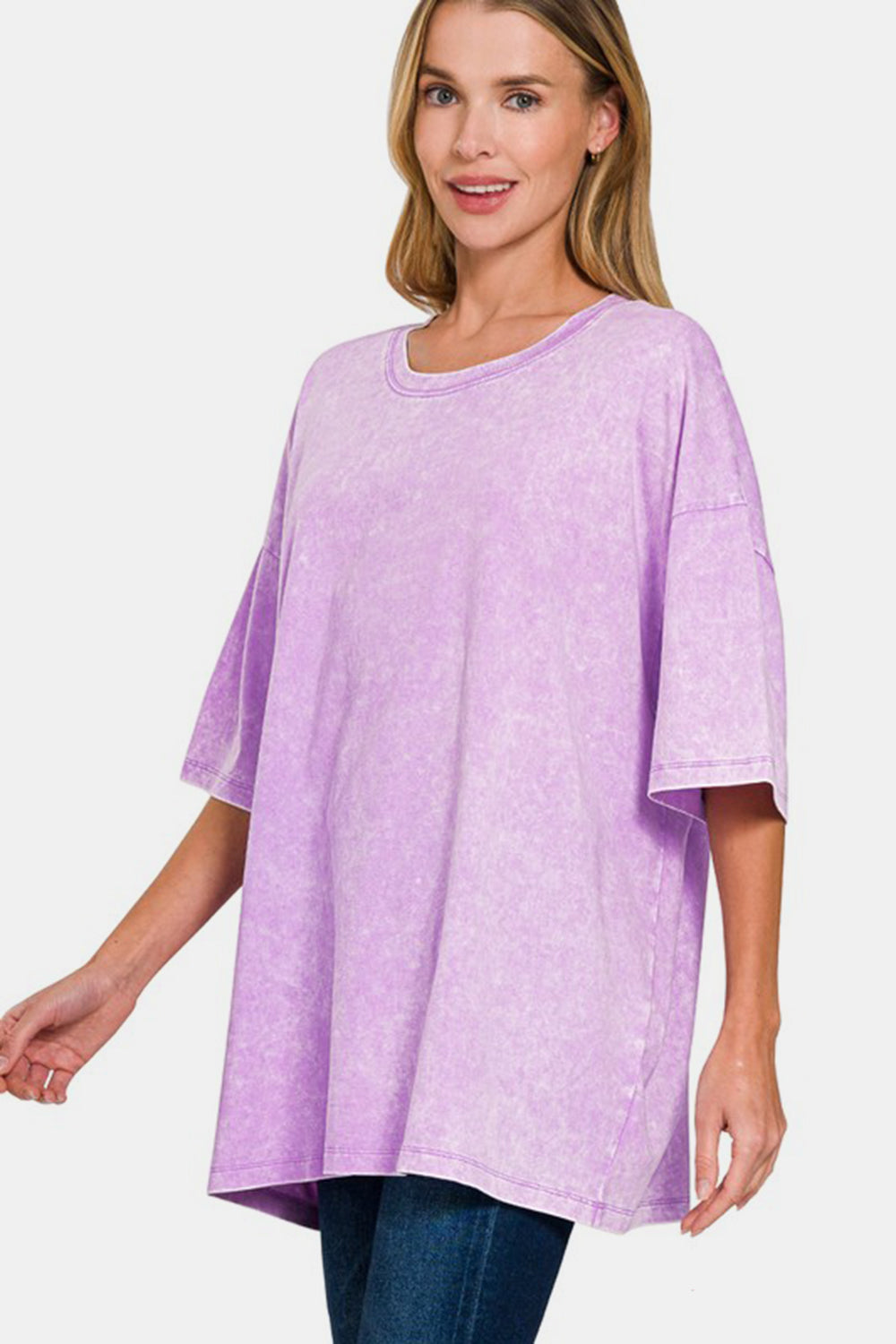 Zenana Color Washed Oversized Round Neck Short Sleeve Tunic T-Shirt in Pink Purple