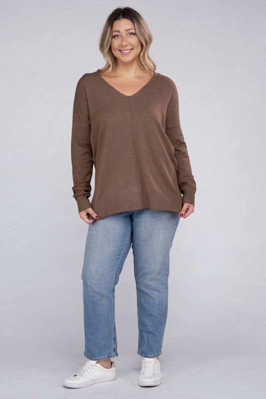 Zenana Plus Size Front Seam V-Neck Tunic Sweater