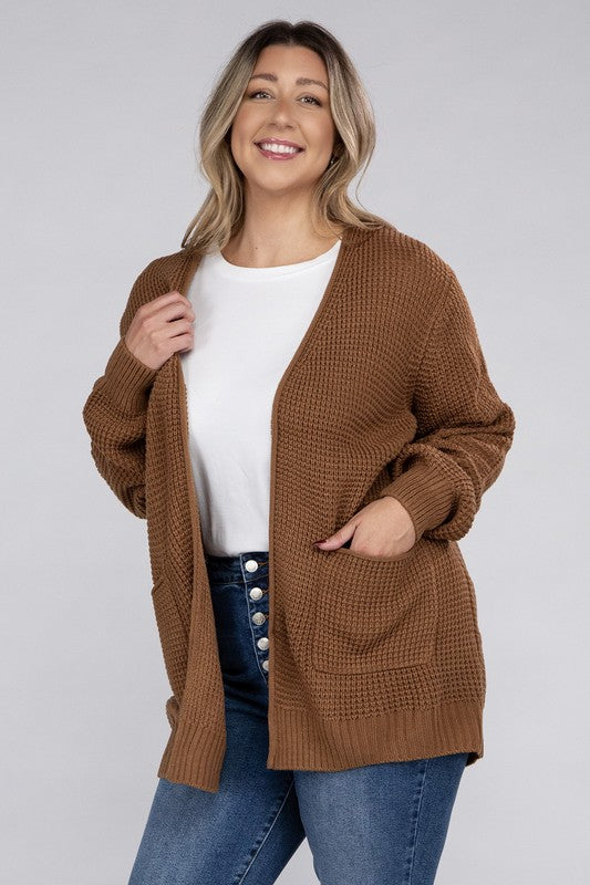 Zenana Plus Waffle-Knit Open Front Tunic Cardigan Sweater with Pockets in 5 Colors