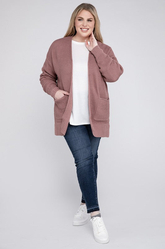 Zenana Plus Waffle-Knit Open Front Tunic Cardigan Sweater with Pockets in 4 Colors