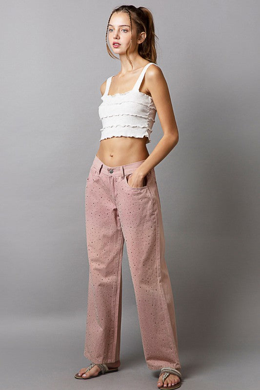 POL Rhinestone Front Color Gradient Wide Leg Pants in Dusty Pink NWT