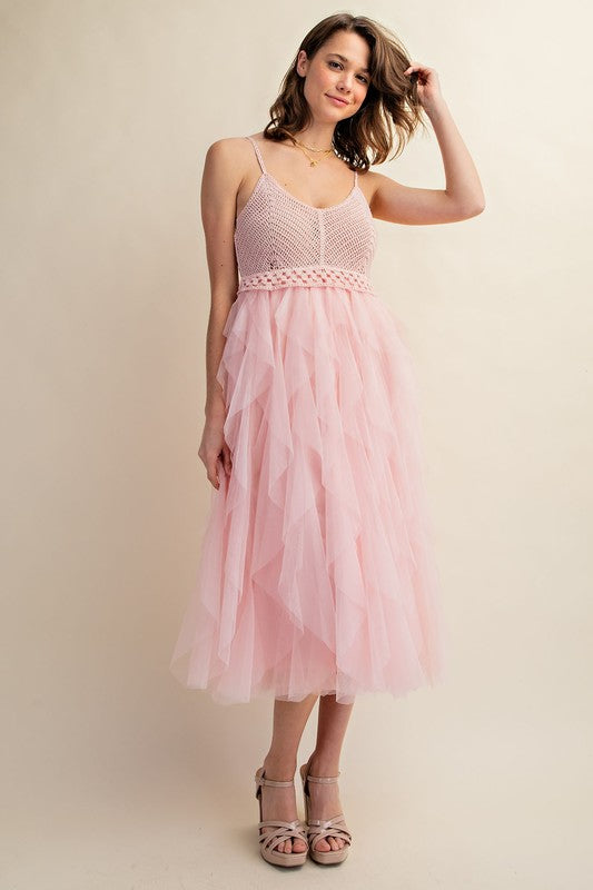 Sweet Generis Crocheted Tulle Cami Midi Dress in Pink or Black