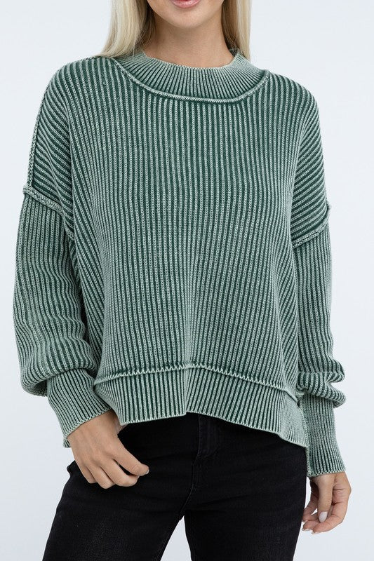 Zenana S/M L/XL Color Washed High-Low Hem Ribbed Cotton Sweater in 4 Colors