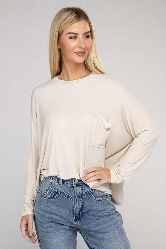 Zenana Color Washed Chest Pocket Long Sleeve T-Shirt in 3 Colors