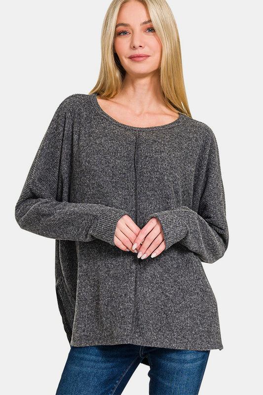 Zenana High-Low Side Slit Long Sleeve Round Neck T-Shirt Top in Black NWT