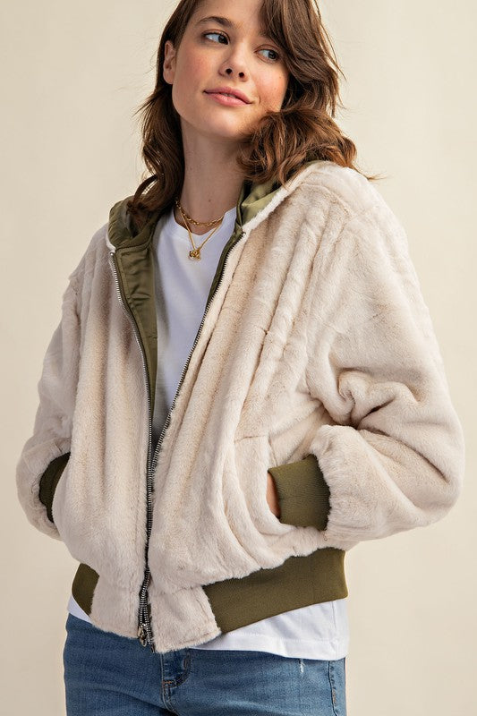 Sweet Generis Reversible Faux Fur Cropped Bomber Jacket