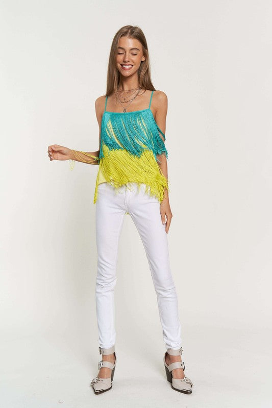 Davi & Dani Fringe Overlay Cross Straps Party Cami Top