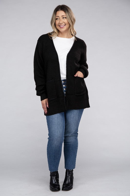 Zenana Plus Waffle-Knit Open Front Tunic Cardigan Sweater with Pockets in 5 Colors