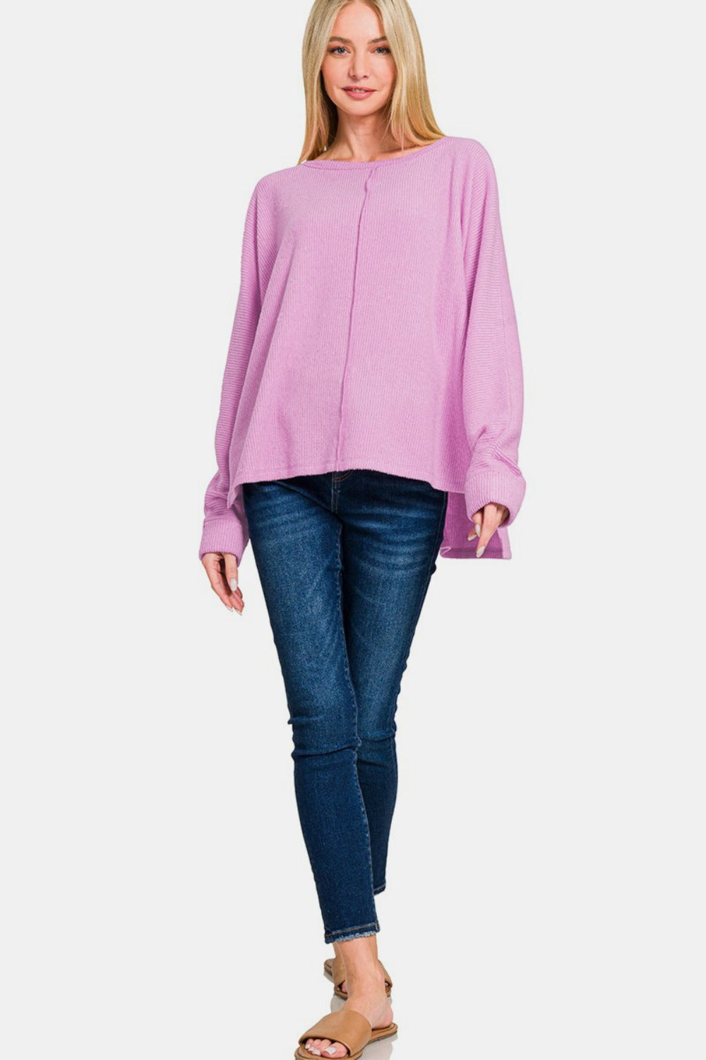 Zenana High-Low Side Slit Long Sleeve Round Neck T-Shirt Top in Mauve Pink NWT