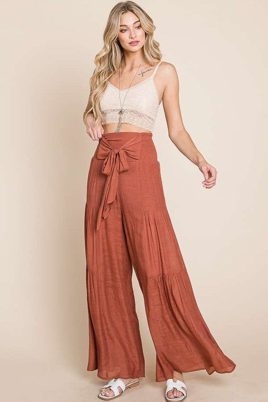 Jade By Jane Plus Size Tie Front Ruched Waist Wide Leg Pants