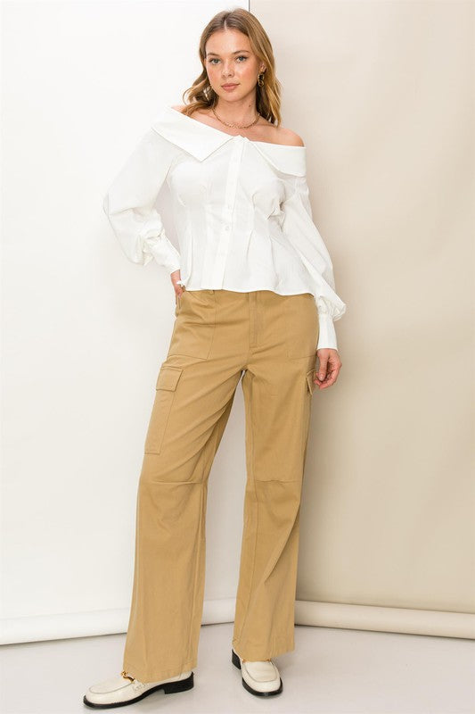 HYFVE Woven Cotton High Waist Cargo Pants in Khaki or Sage in 2 Colors