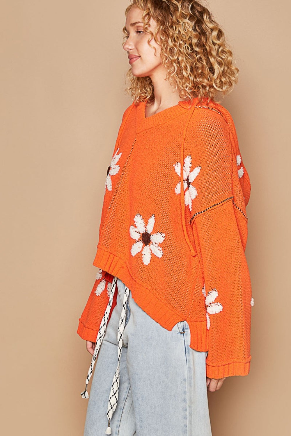 POL Floral Pattern Hooded High-Low Sweater in Orange Multi