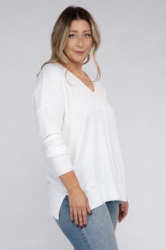 Zenana Plus Size Front Seam V-Neck Tunic Sweater