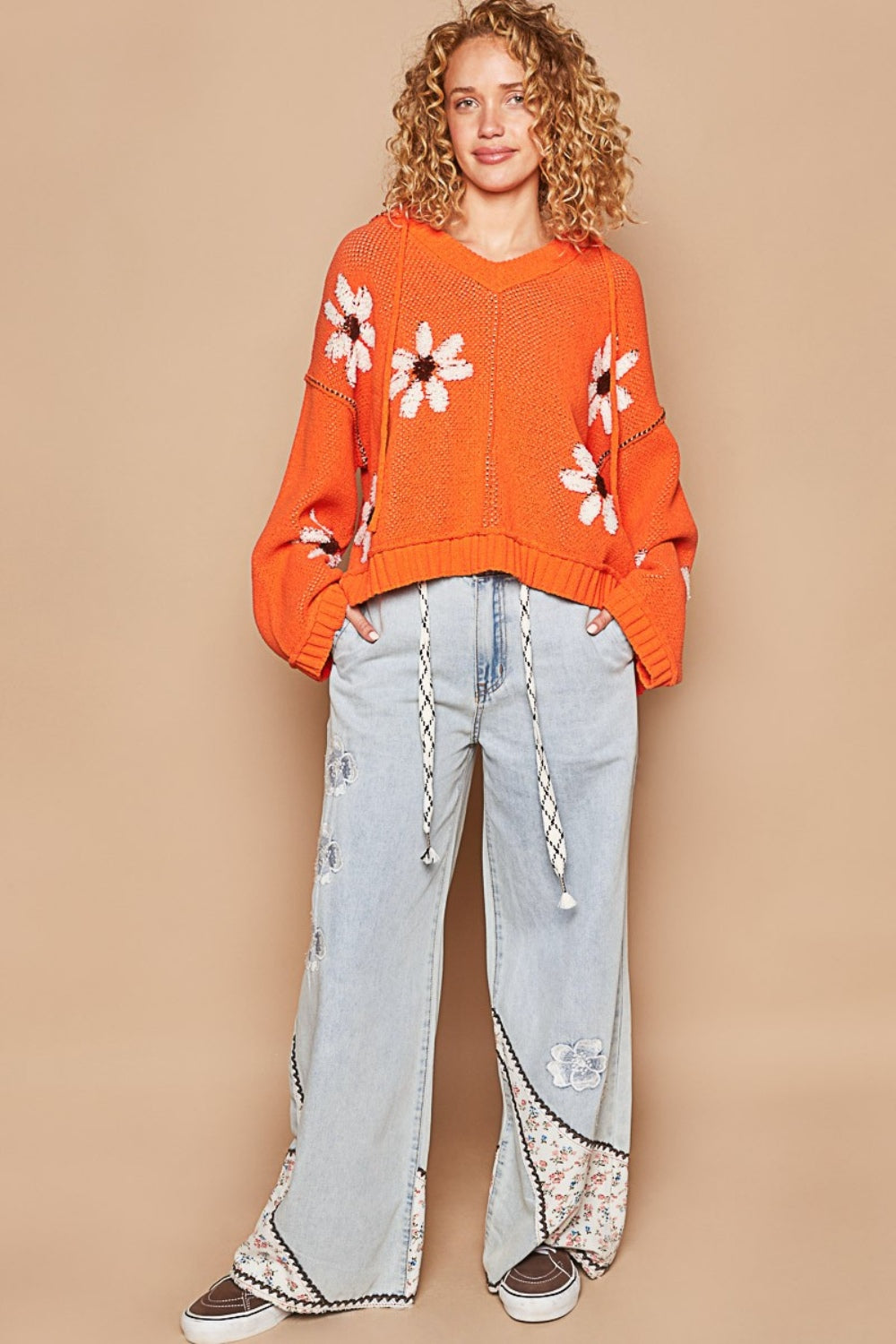 POL Floral Pattern Hooded High-Low Sweater in Orange Multi