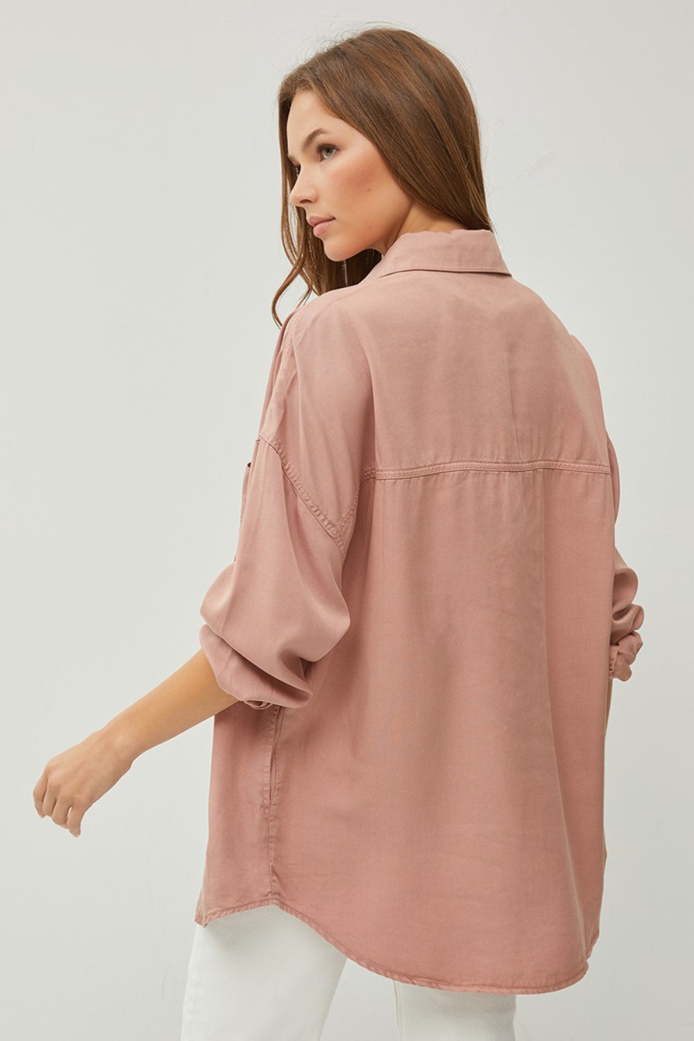 RISEN Button-Down Long Sleeve Denim Shirt in Mauve