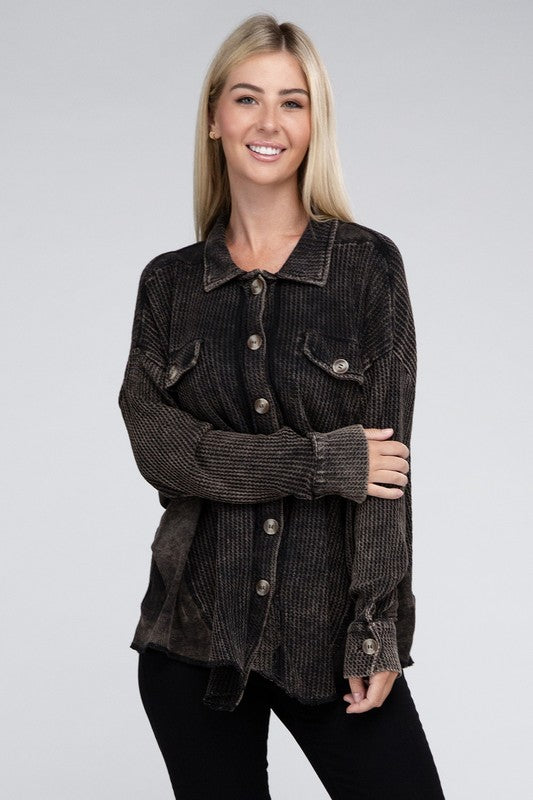 Zenana Acid Washed Oversized Waffle-Knit Shirt Jacket in Ash Black