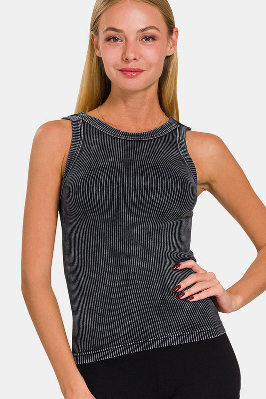 Zenana Ribbed High Neck Tank Top in Washed Black