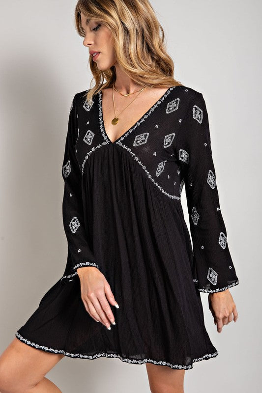 Sweet Generis Embroidered Long Sleeve Surplice Mini Dress in Black