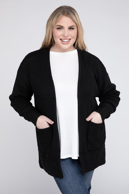 Zenana Plus Waffle-Knit Open Front Tunic Cardigan Sweater with Pockets in 4 Colors