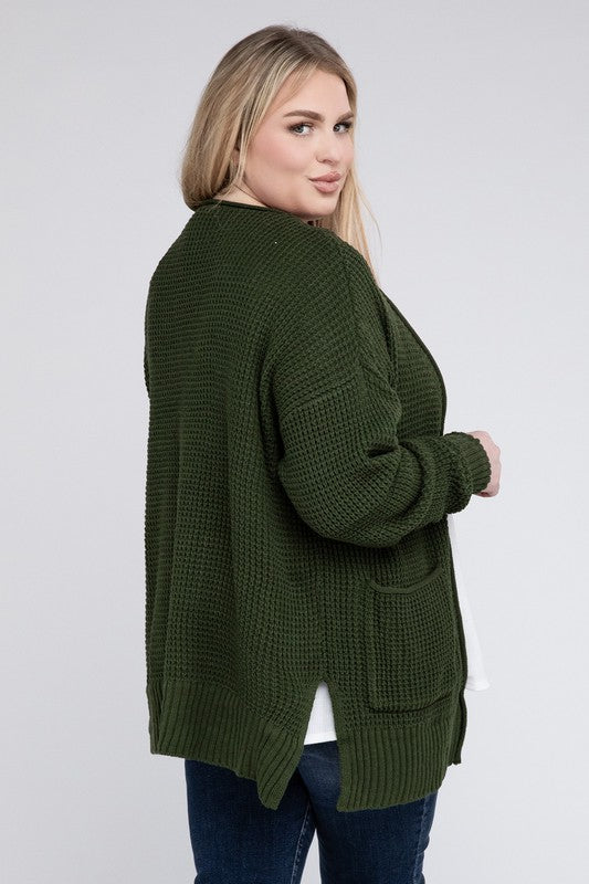 Zenana Plus Waffle-Knit Open Front Tunic Cardigan Sweater with Pockets in 4 Colors