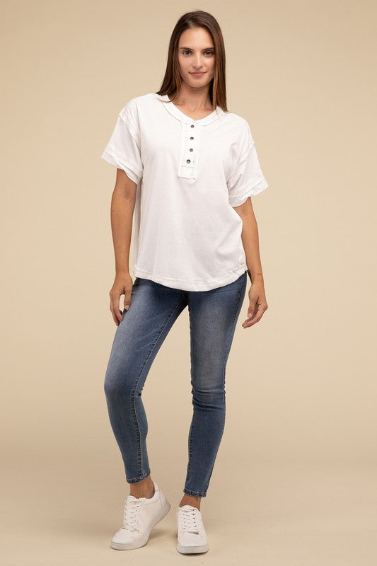 Zenana Cotton Raw Edge Short Sleeve Henley T-Shirt in 4 Colors