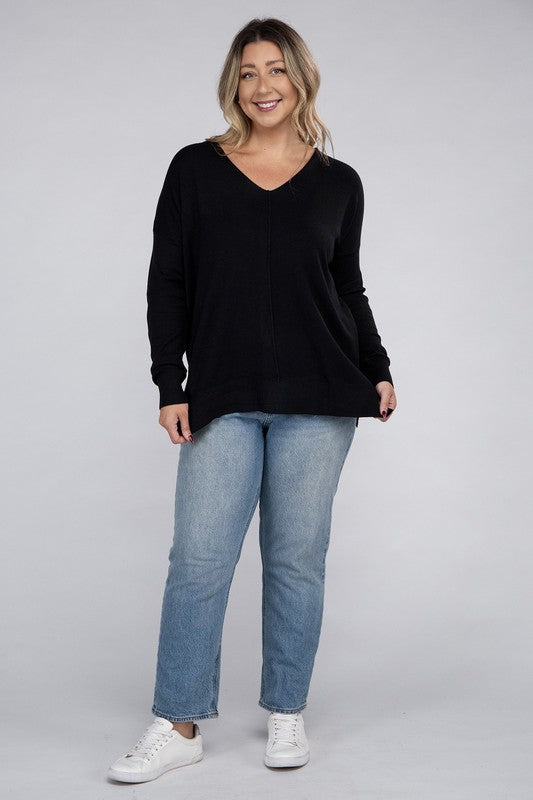 Zenana Plus Size Front Seam V-Neck Tunic Sweater