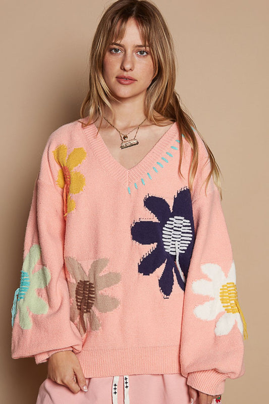 POL Flower Fringe Long Sleeve V-Neck Sweater in Pink Multi NWT