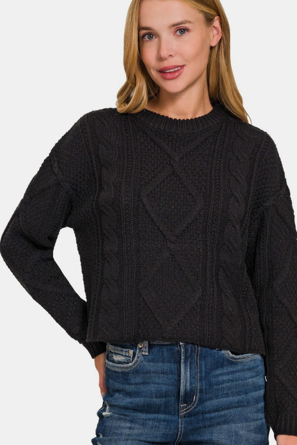 Zenana High Low Hem Cropped Cable-Knit Crew Neck Sweater in Black NWT