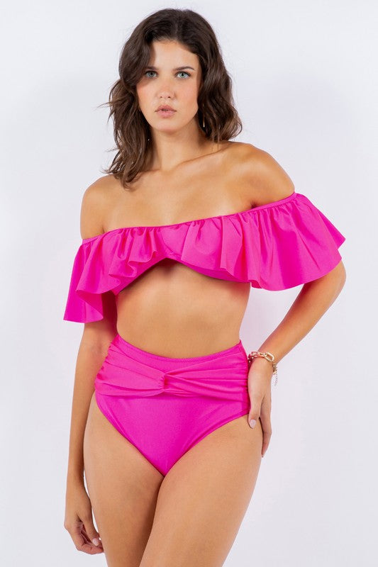 Mermaid Swimwear Two-Piece Twisted Ruffle Shoulder Bikini Swimsuit in 3 Colors