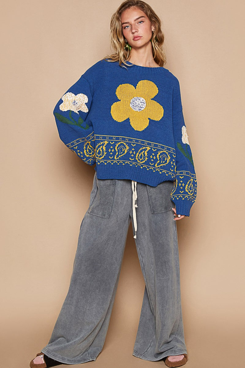 POL Flower Lace Patch Long Sleeve Sweater in Blue Multi