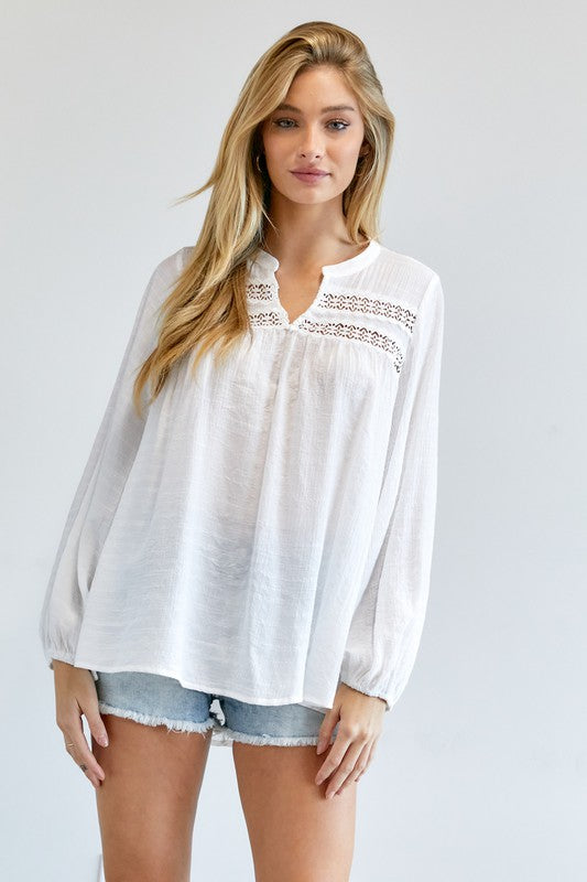 Davi & Dani Eyelet Long Sleeve V-Neck Blouse in Off White