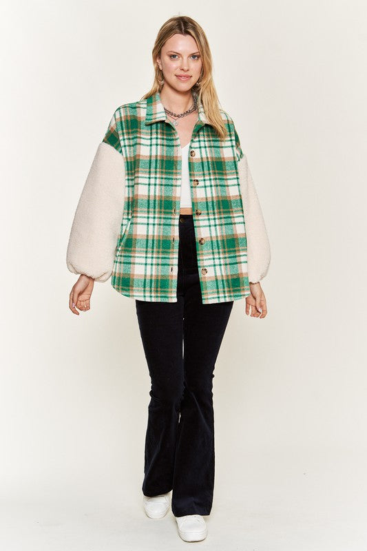 JADE BY JANE PLUS SIZE MULTI PLAID FUZZY SLEEVE JACKET IN 2 COLORS