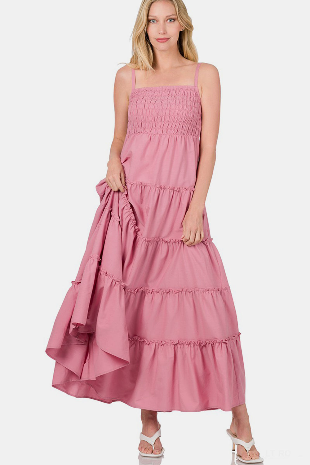 Zenana Woven Smocked Tiered Cami Maxi Dress in Light Rose